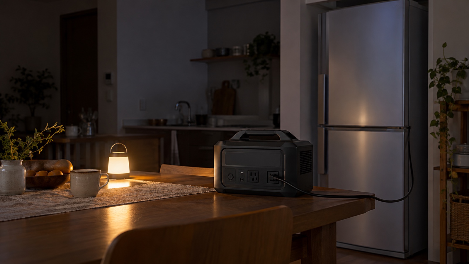 停電したキッチンで冷蔵庫へ給電するポータブル電源