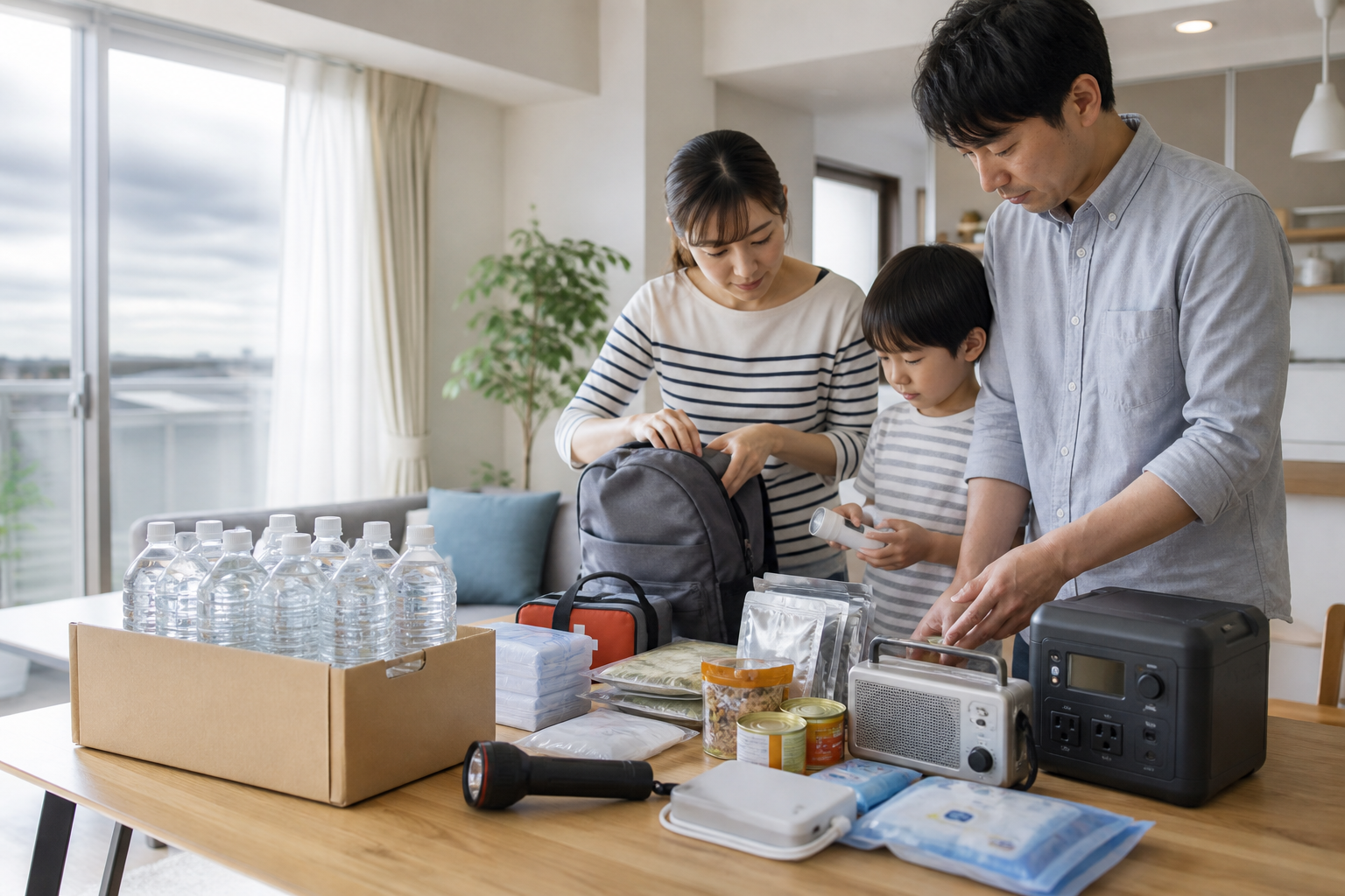 台風前に家庭で停電への備えを確認している様子