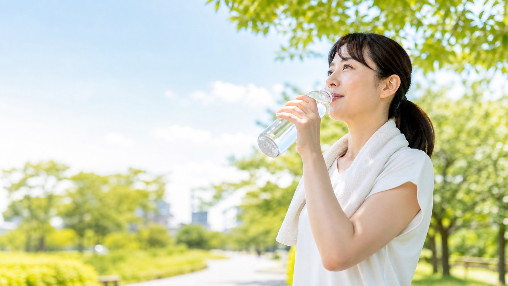 木陰で水分補給をする女性
